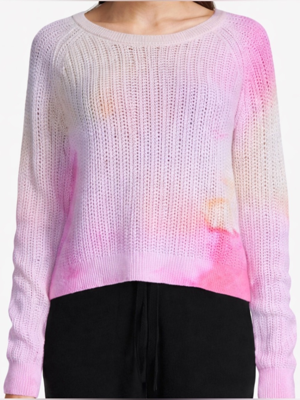 White + Warren Tie-Dye Ombre Crewneck Sweater Pink Cream XS Lightweight Knit